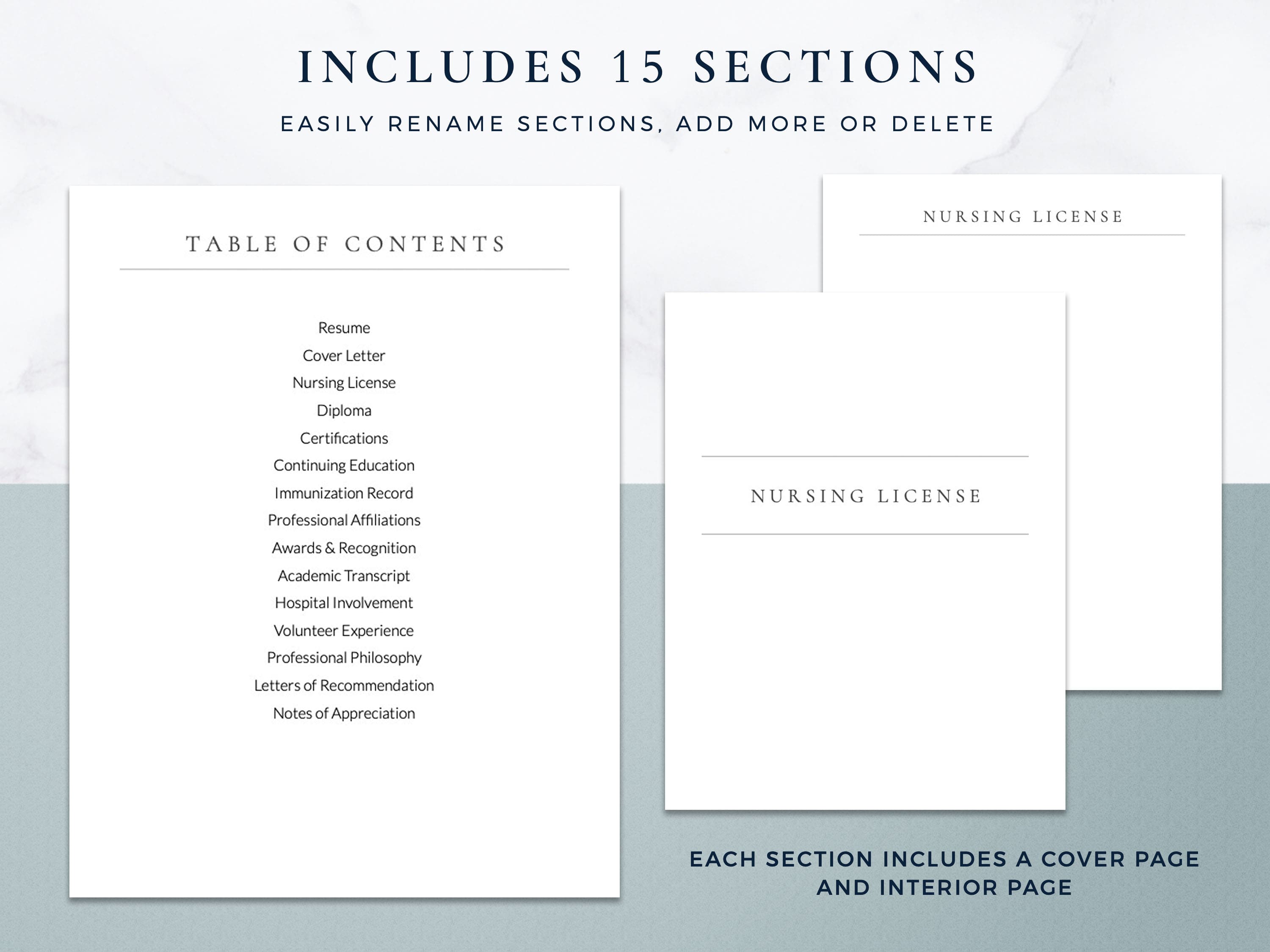 nursing portfolio table of contents sections