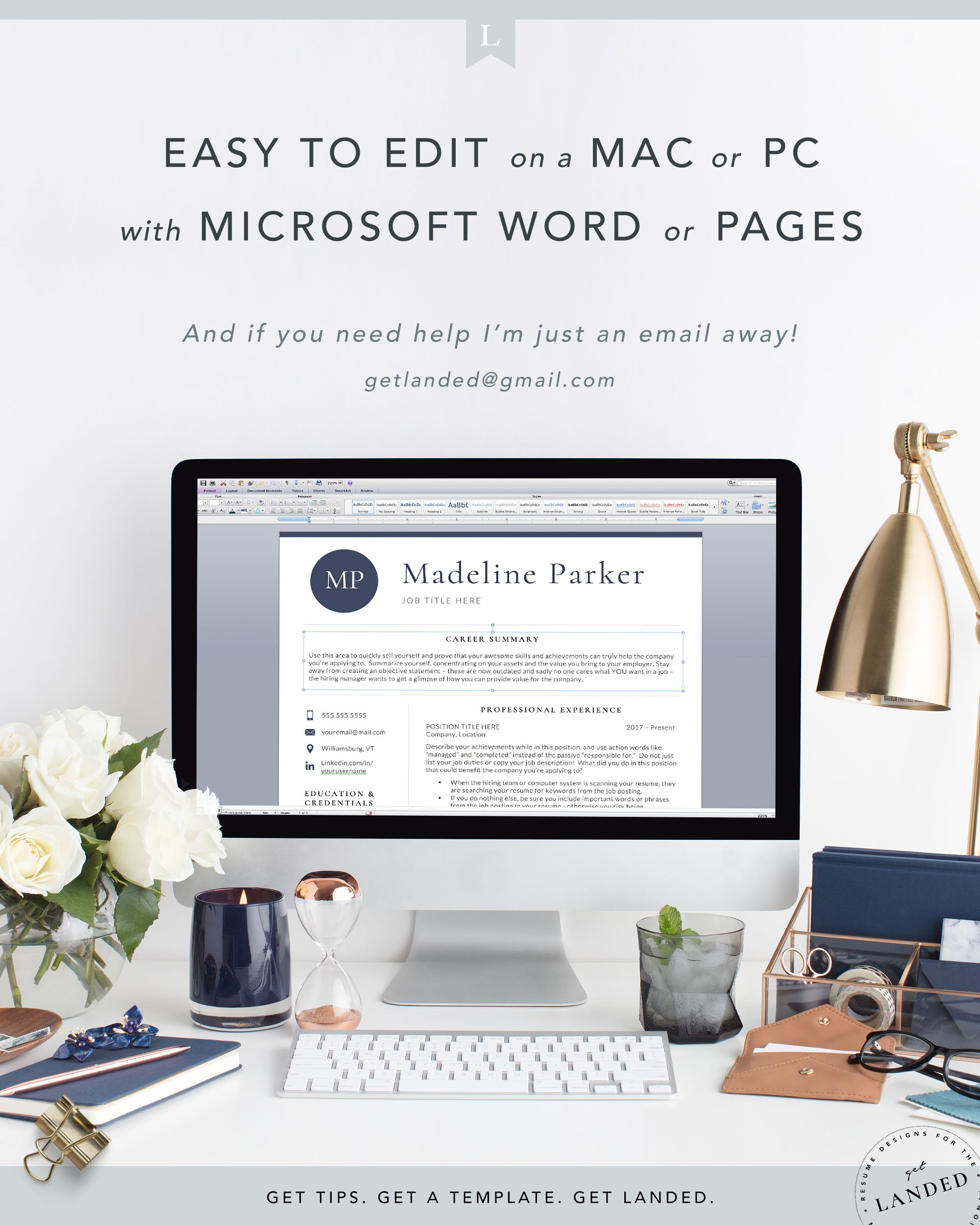 Resume Template with initials for Word and Pages | The Parker