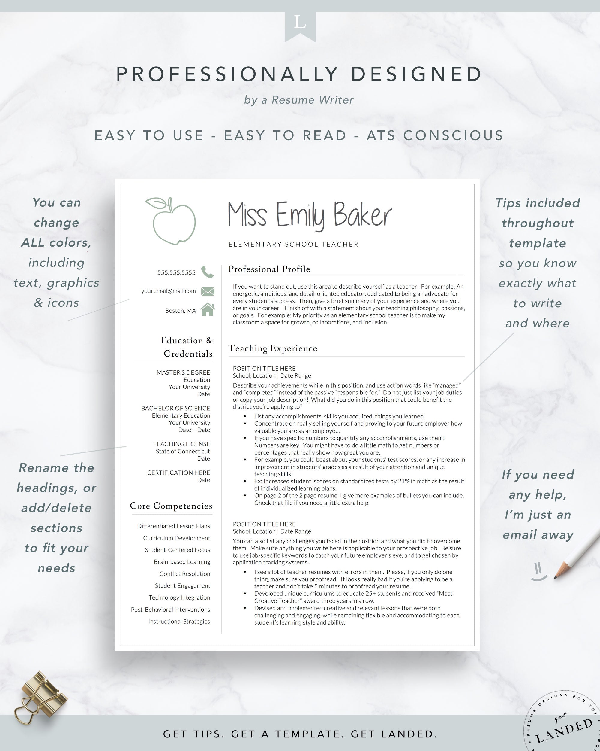 Kindergarten Teacher Resume Template for Word and Pages