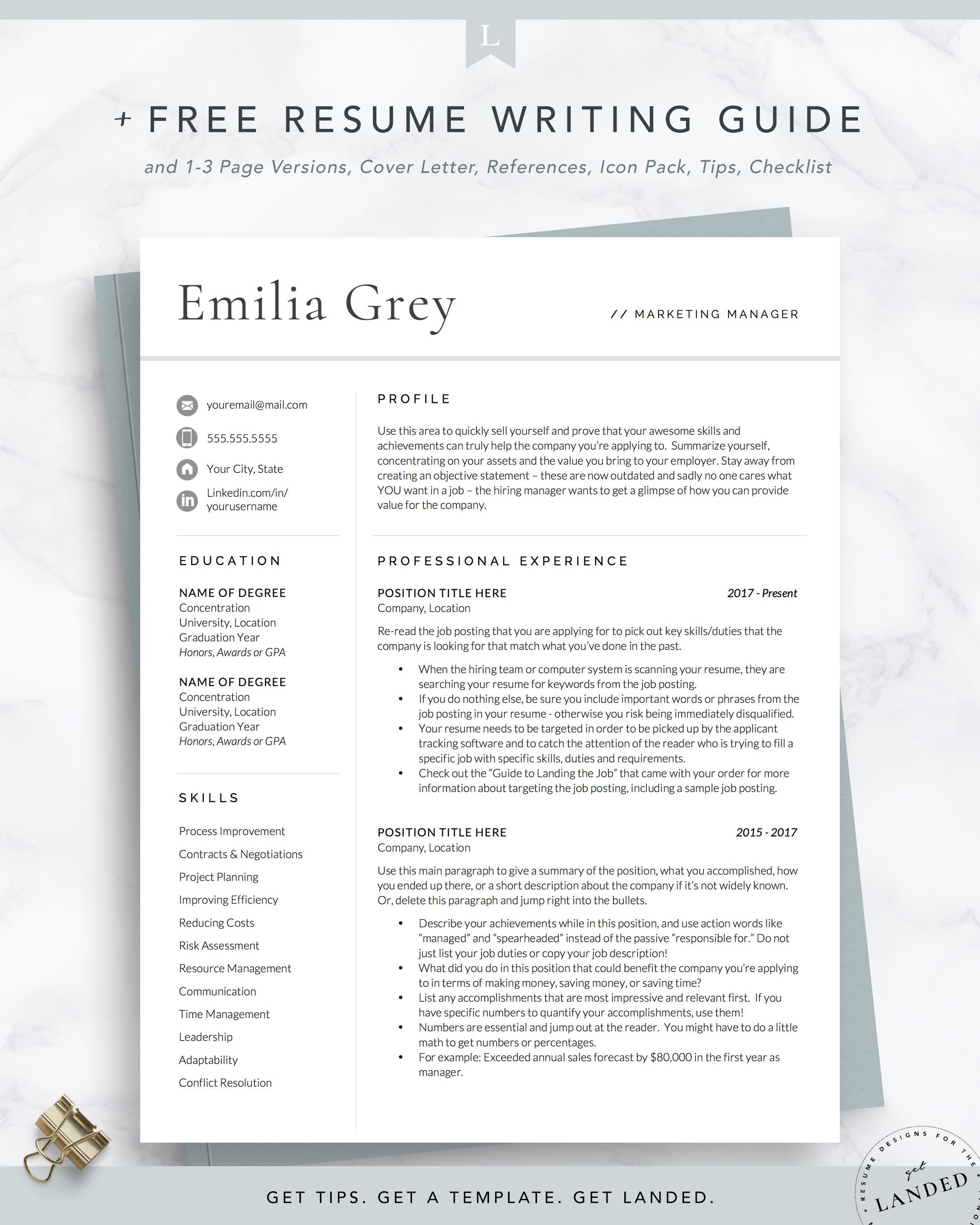 Modern Resume Template, Professional CV Template | The Emilia Grey